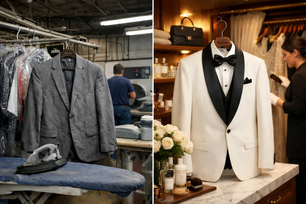 Luxury garment care Sydney — hand inspection of a designer piece at Luxe Dry Cleaners