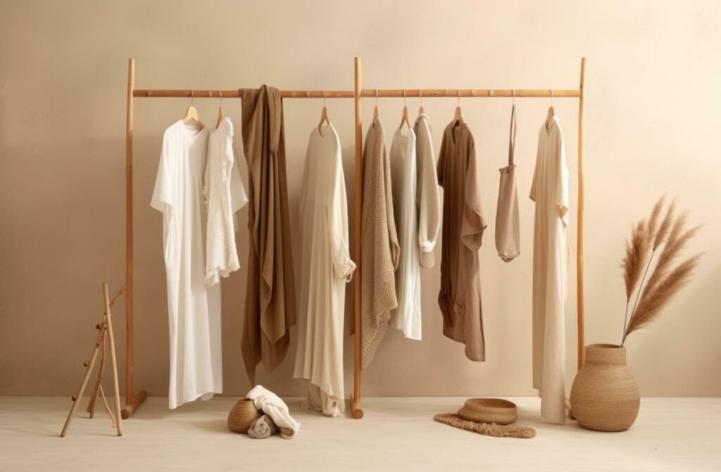 Neutral designer garments on a rack — garment storage and pre-storage cleaning Sydney