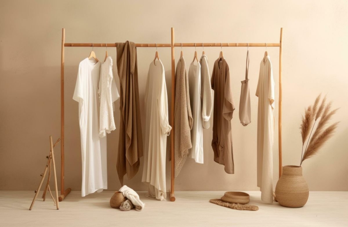 Neutral designer garments on a rack — garment storage and pre-storage cleaning Sydney