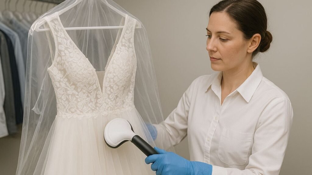 Bridal specialist steaming a lace wedding dress before preservation at Luxe Dry Cleaners Sydney