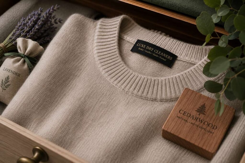 Fine knit jumper with cedar and lavender sachets, undamaged, in a luxury Sydney wardrobe
