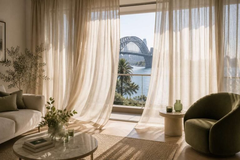 Floor-to-ceiling pale linen curtains in a sunlit Sydney living room overlooking the harbour