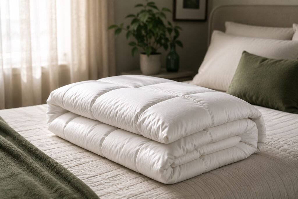 Plump white down doona folded on a made bed in soft morning light — doona cleaning Sydney