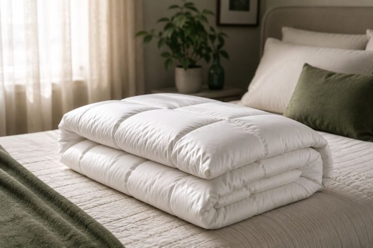 Plump white down doona folded on a made bed in soft morning light — doona cleaning Sydney