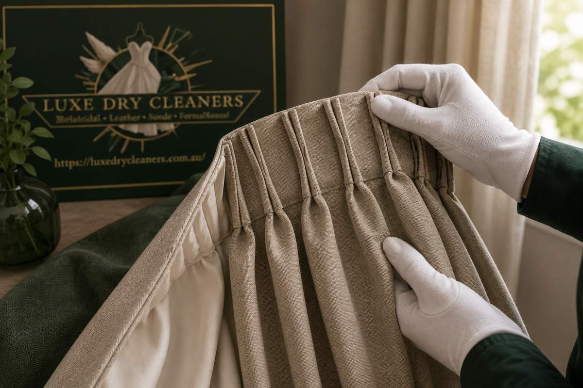 Detail of a lined pinch-pleat drape header being inspected before cleaning in Sydney