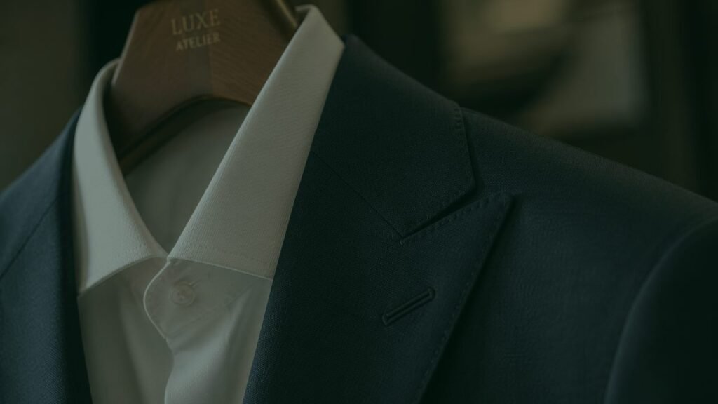 Navy suit and crisp white shirt on a Luxe hanger — express and same-day dry cleaning Sydney