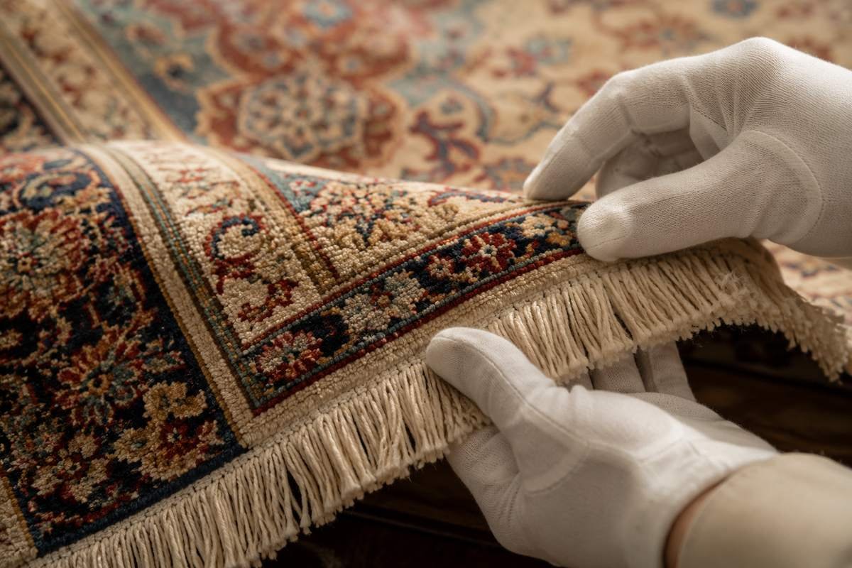 Detail of a rug’s fringe and pile being inspected by gloved hands, showing true colours — rug cleaning Sydney