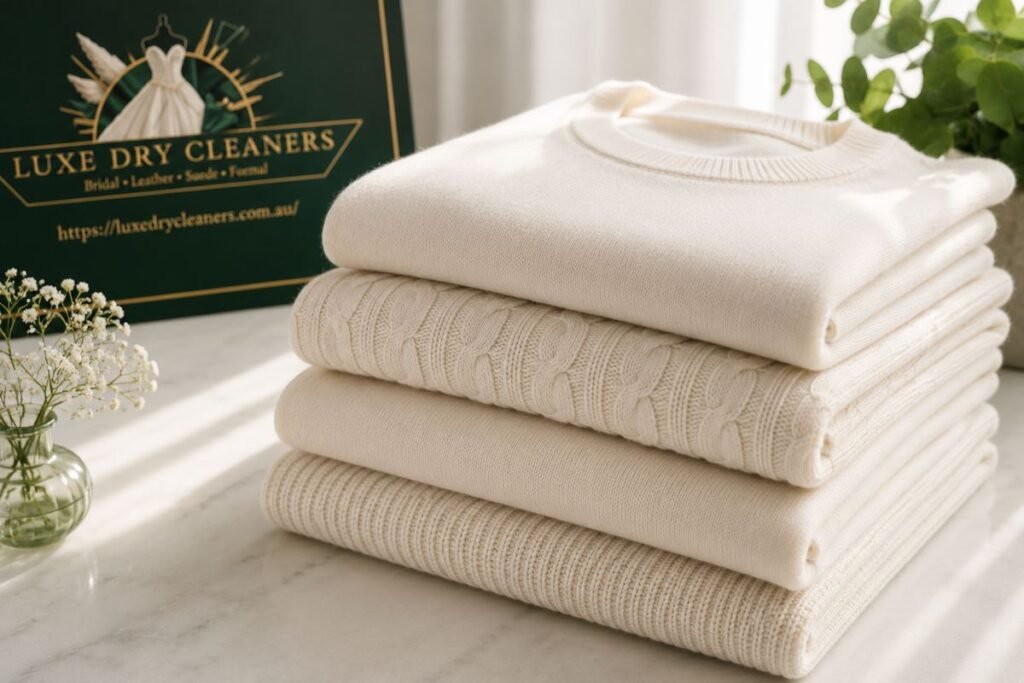 Stack of freshly cleaned pale knits, bright and free of stains — knitwear cleaning Sydney