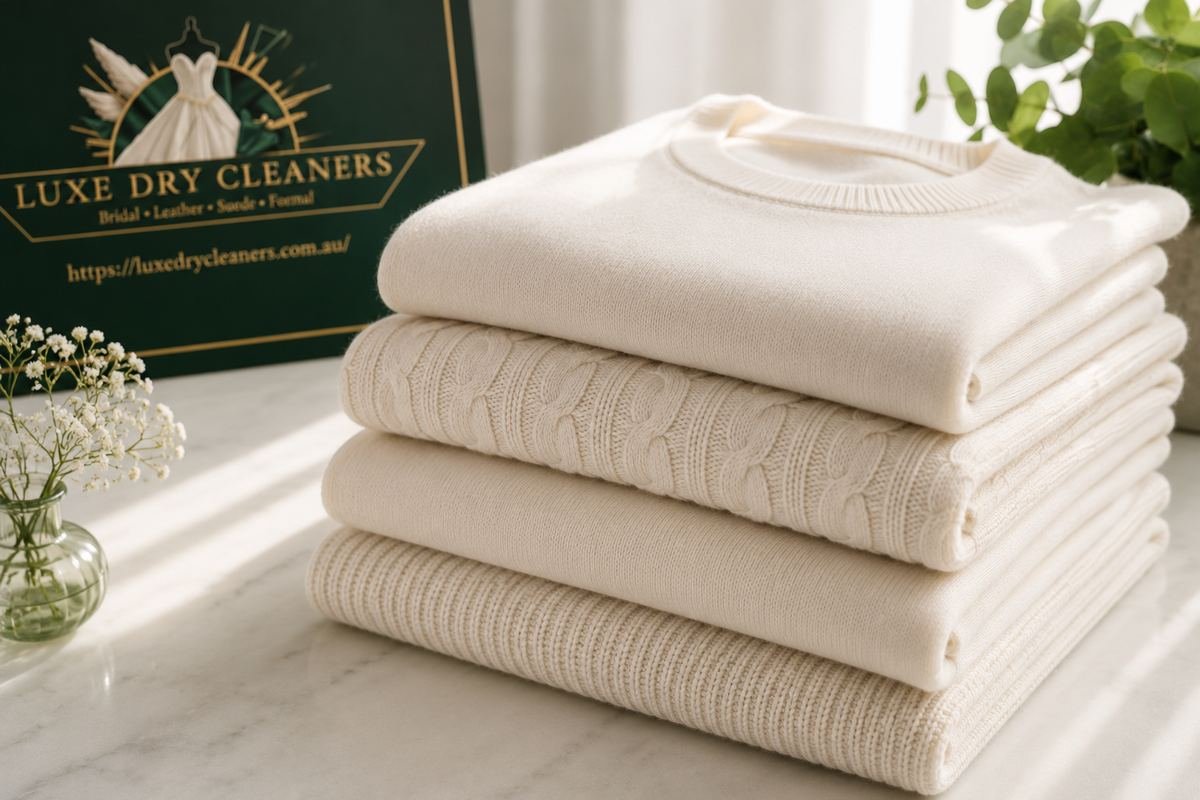 Stack of freshly cleaned pale knits, bright and free of stains — knitwear cleaning Sydney