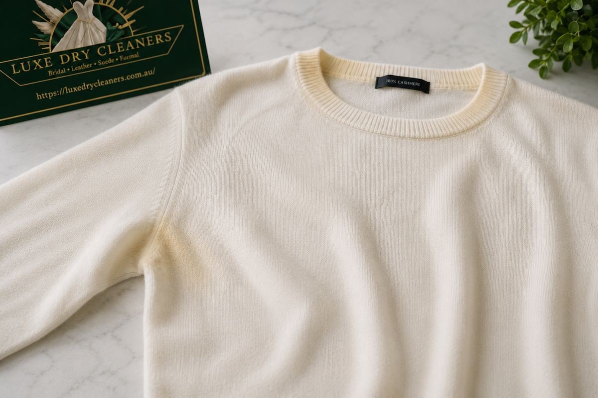 Cream cashmere jumper laid flat — preventing yellowing before storage in Sydney