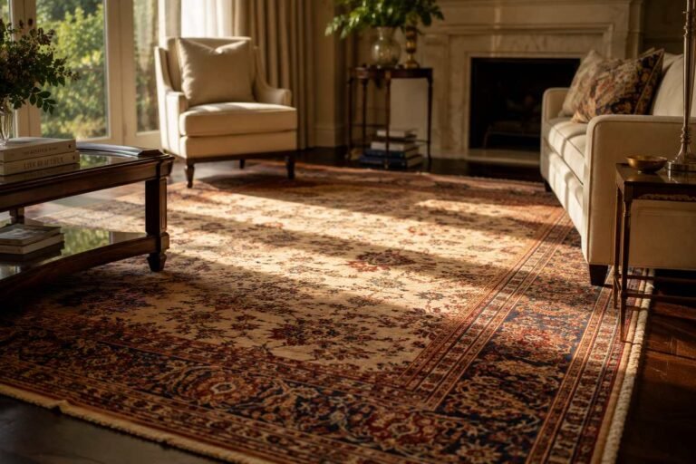 Patterned handmade wool rug in an elegant Sydney living room in warm afternoon light