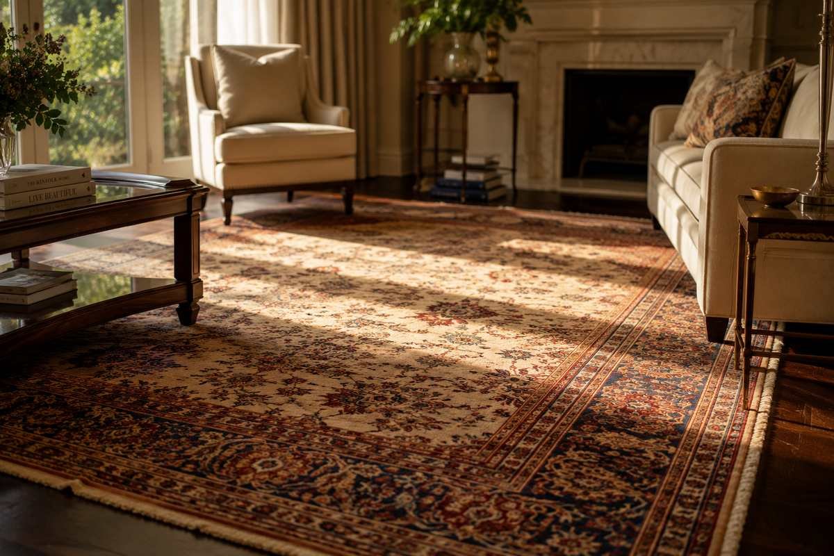 Patterned handmade wool rug in an elegant Sydney living room in warm afternoon light