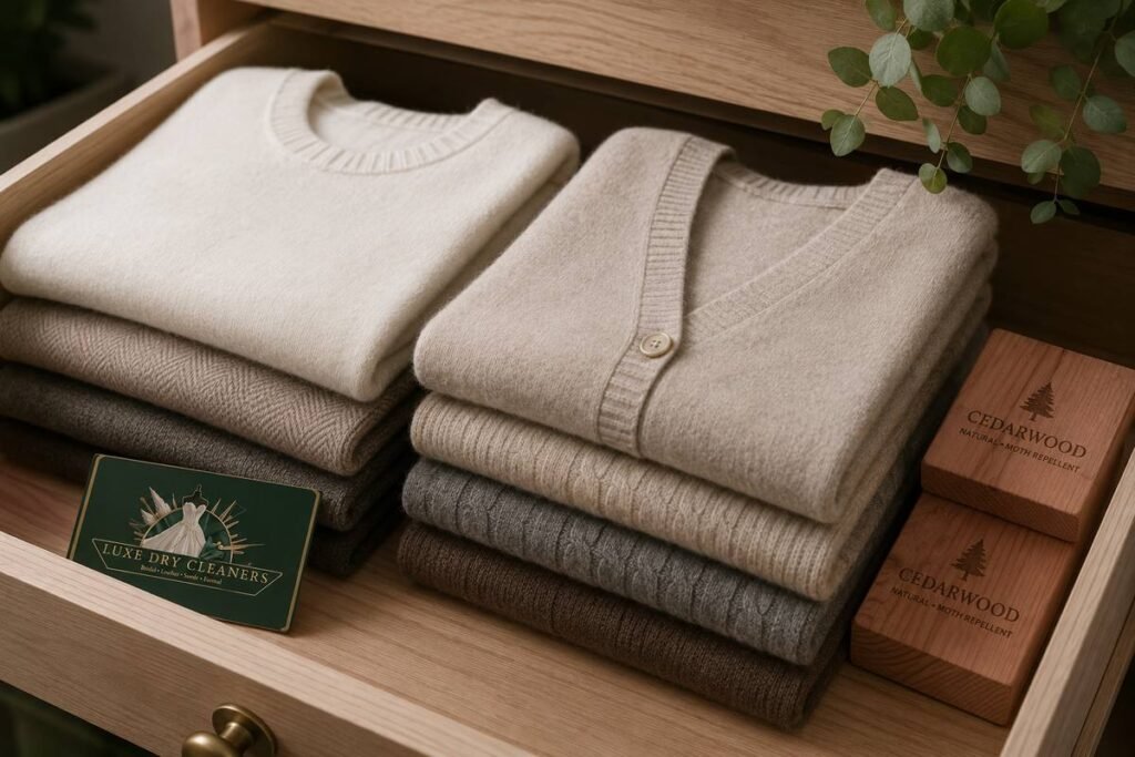 Folded cashmere and wool knits stored in a drawer with cedar blocks to deter moths — Sydney