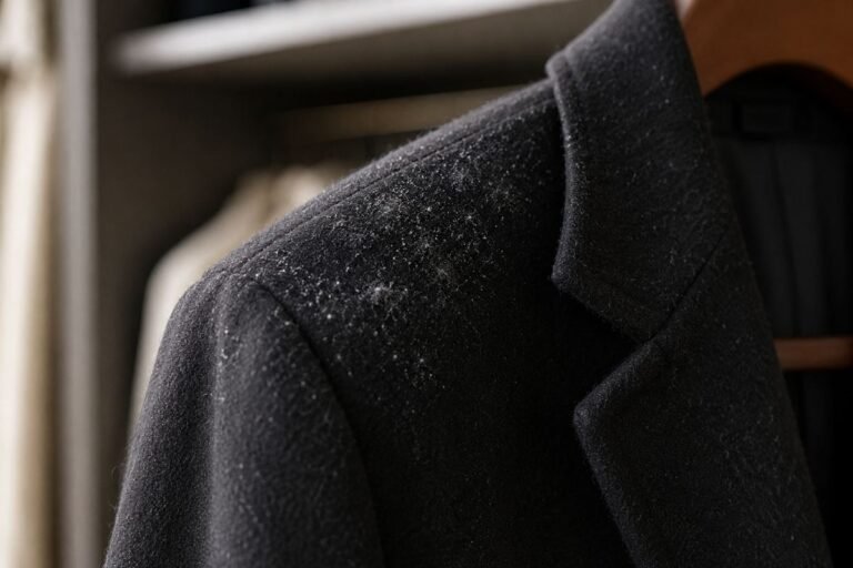 White mould bloom on the shoulder of a dark wool coat — mould and mildew garment cleaning in Sydney