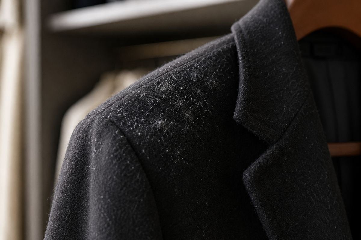 White mould bloom on the shoulder of a dark wool coat — mould and mildew garment cleaning in Sydney