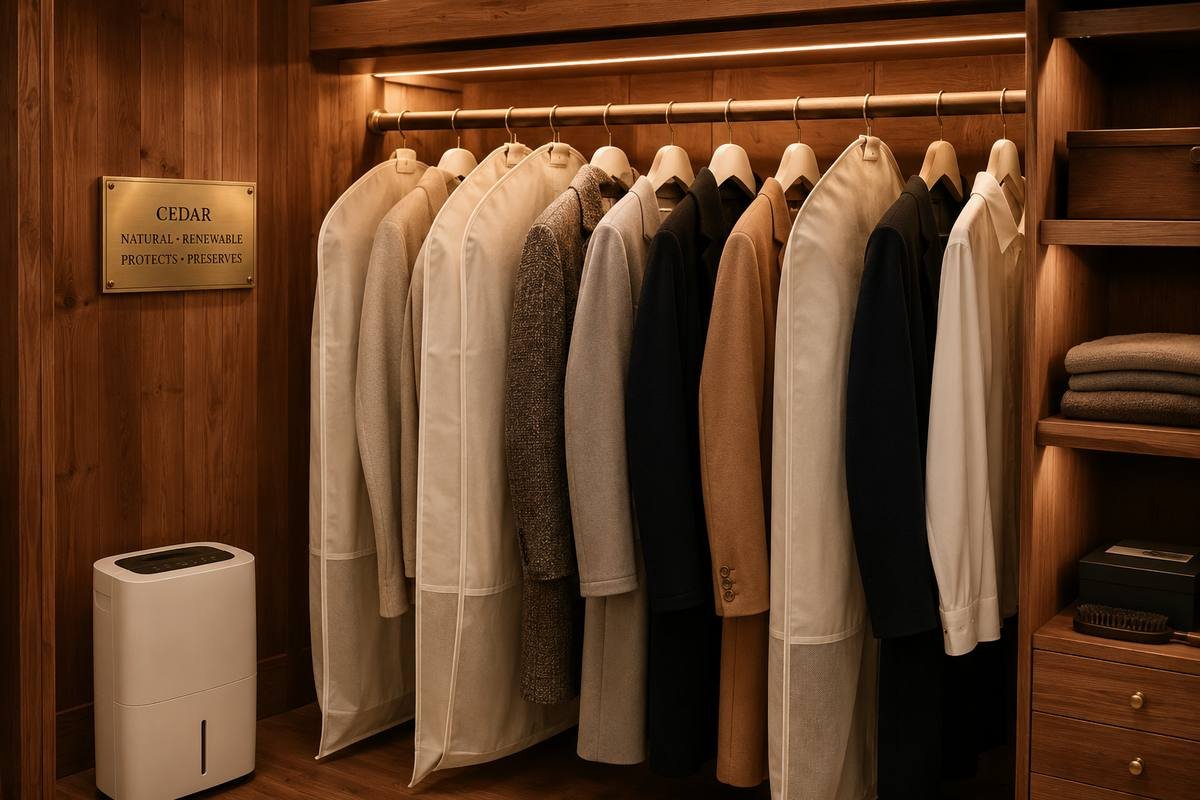 Cedar-lined wardrobe with garments on padded hangers and a dehumidifier to prevent mould in Sydney