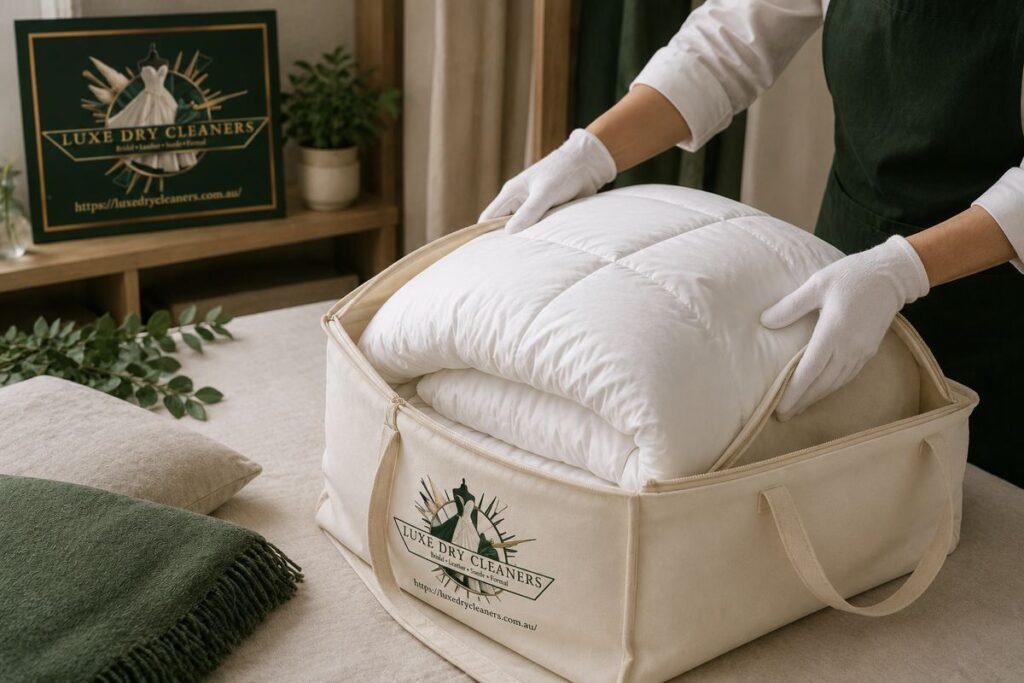 Freshly cleaned quilt placed into a breathable cotton storage bag for spring storage in Sydney