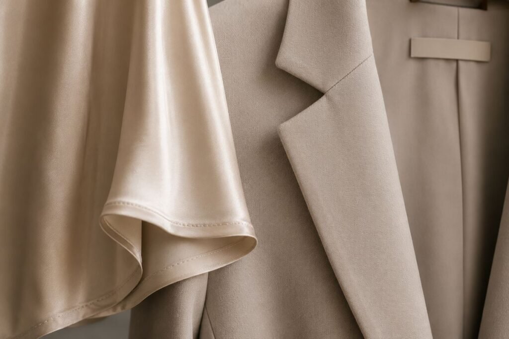 Close-up of a pressed pale suit lapel and silk hem, immaculately finished — occasion wear cleaning Sydney