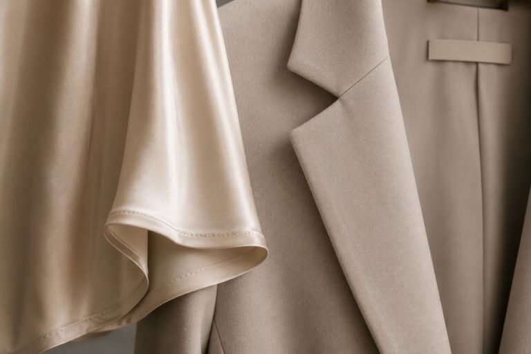 Close-up of a pressed pale suit lapel and silk hem, immaculately finished — occasion wear cleaning Sydney