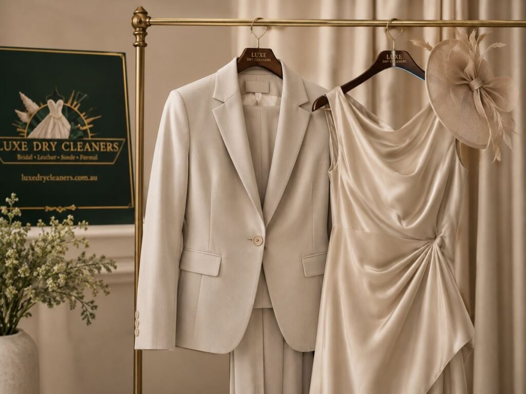 Race-day ensemble on Luxe hangers — tailored white suit, silk dress and fascinator, Sydney