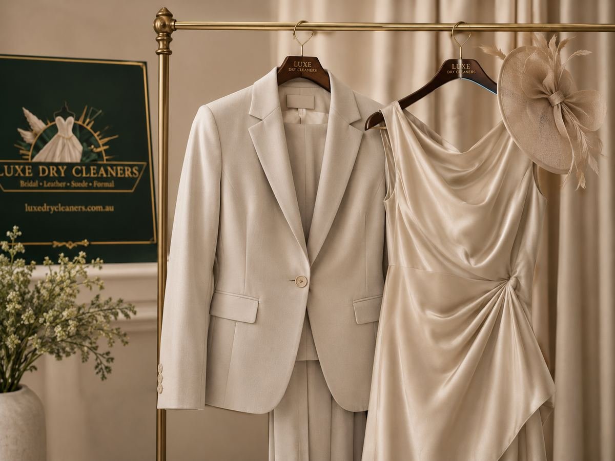 Race-day ensemble on Luxe hangers — tailored white suit, silk dress and fascinator, Sydney