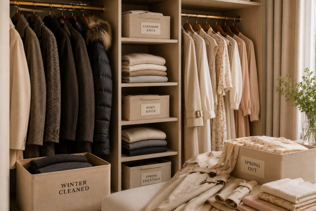 Open wardrobe mid-changeover with winter coats, folded knits and labelled storage boxes — Sydney