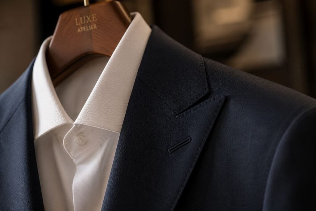 Detail of a pressed navy suit lapel and a crisp white shirt collar on a Luxe hanger, Sydney