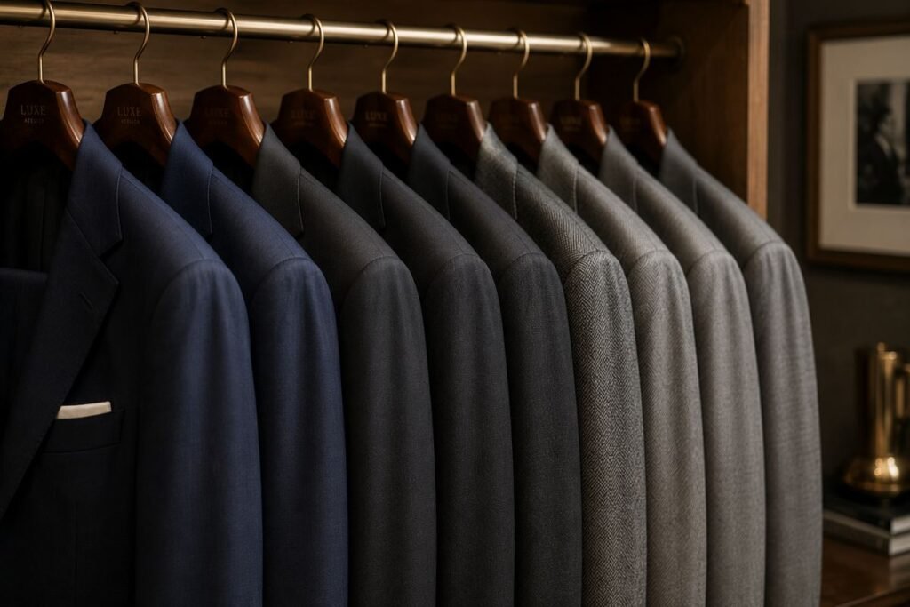 Row of tailored suits in navy, charcoal and grey on wooden hangers — suit cleaning Sydney