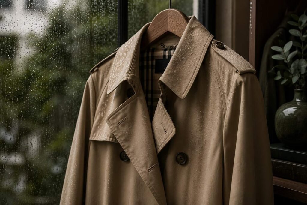 Beige gabardine trench coat by a rain-streaked window — trench coat cleaning Sydney