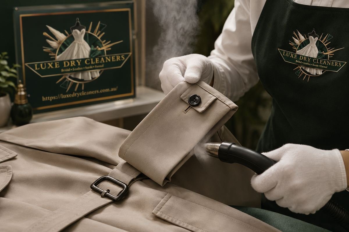 Luxe specialist steaming and inspecting a trench coat cuff — luxury jacket cleaning Sydney