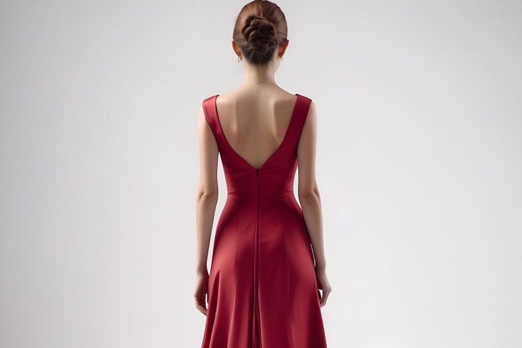 Red silk evening gown cleaned and finished by hand