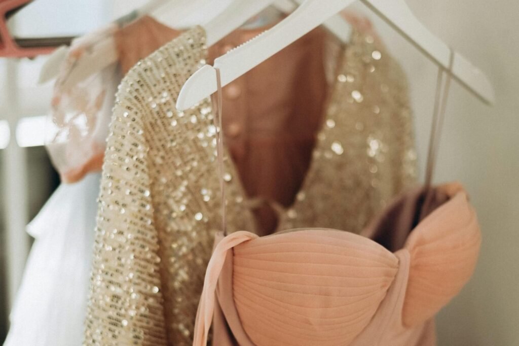 Evening dresses on hangers after cleaning — occasion wear Sydney